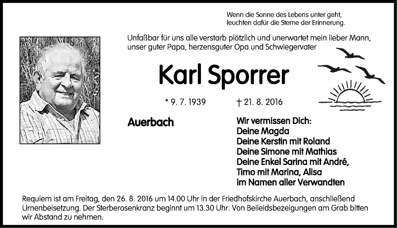  Traueranzeige für Karl Sporrer vom 24.08.2016 aus Nordbayerische Nachrichten Pegnitz Lokal