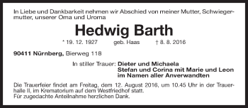 Traueranzeige von Hedwig Barth von Gesamtausgabe Nürnberger Nachrichten/ Nürnberger Ztg.