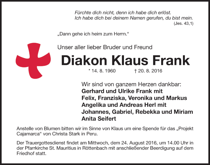  Traueranzeige für Klaus Frank vom 23.08.2016 aus Nordbayerische Nachrichten Herzogenaurach Lokal