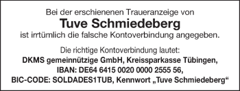 Traueranzeige von Tuve Schmiedeberg von Altmühl-Bote Lokal