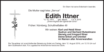 Traueranzeige von Edith Ittner von Gesamtausgabe Nürnberger Nachrichten/ Nürnberger Ztg.
