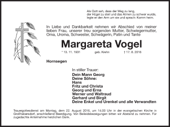 Traueranzeige von Margareta Vogel von Fürther Nachrichten Lokal