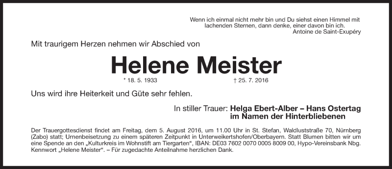  Traueranzeige für Helene Meister vom 03.08.2016 aus Gesamtausgabe Nürnberger Nachrichten/ Nürnberger Ztg.