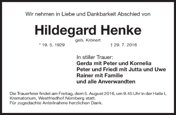 Traueranzeige von Hildegard Henke von Gesamtausgabe Nürnberger Nachrichten/ Nürnberger Ztg.