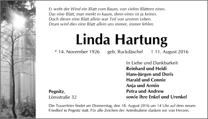  Traueranzeige für Linda Hartung vom 13.08.2016 aus Nordbayerische Nachrichten Pegnitz Lokal