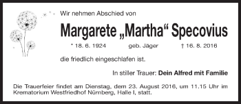 Traueranzeige von Margarete Specovius von Gesamtausgabe Nürnberger Nachrichten/ Nürnberger Ztg.