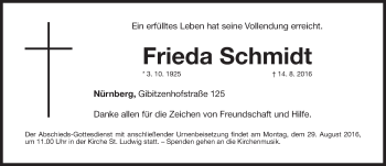 Traueranzeige von Frieda Schmidt von Gesamtausgabe Nürnberger Nachrichten/ Nürnberger Ztg.