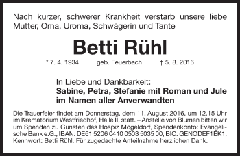 Traueranzeige von Betti Rühl von Gesamtausgabe Nürnberger Nachrichten/ Nürnberger Ztg.