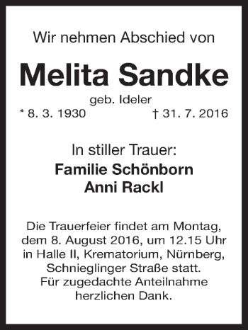 Traueranzeige von Melita Sandke von Gesamtausgabe Nürnberger Nachrichten/ Nürnberger Ztg.