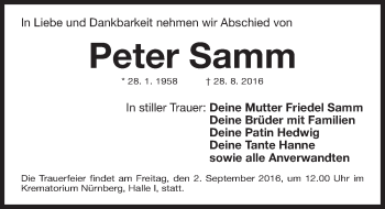 Traueranzeige von Peter Samm von Gesamtausgabe Nürnberger Nachrichten/ Nürnberger Ztg.