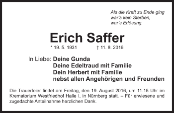 Traueranzeige von Erich Saffer von Gesamtausgabe Nürnberger Nachrichten/ Nürnberger Ztg.