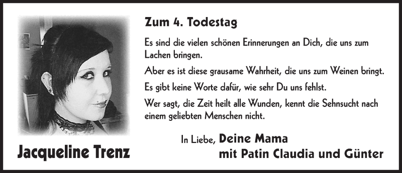  Traueranzeige für Jacqueline Trenz vom 20.08.2016 aus Nordbayerische Nachrichten Pegnitz Lokal