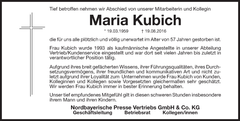  Traueranzeige für Maria Kubich vom 23.08.2016 aus Gesamtausgabe Nürnberger Nachrichten/ Nürnberger Ztg.