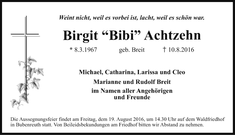  Traueranzeige für Birgit Achtzehn vom 16.08.2016 aus Erlanger Nachrichten Lokal