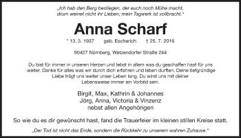 Traueranzeige von Anna Scharf von Gesamtausgabe Nürnberger Nachrichten/ Nürnberger Ztg.