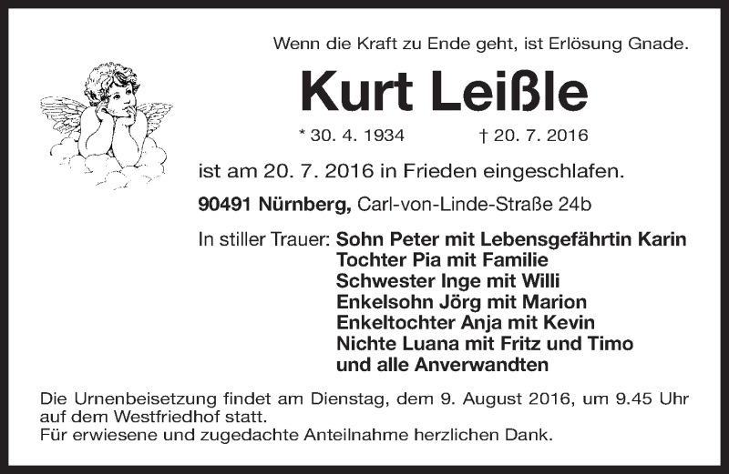  Traueranzeige für Kurt Leißle vom 06.08.2016 aus Gesamtausgabe Nürnberger Nachrichten/ Nürnberger Ztg.
