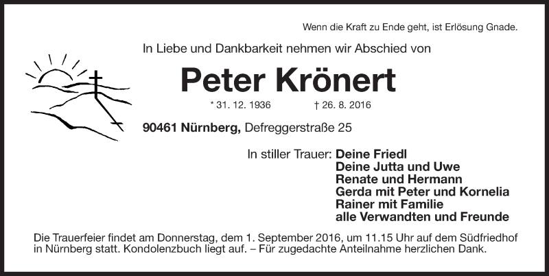  Traueranzeige für Peter Krönert vom 30.08.2016 aus Gesamtausgabe Nürnberger Nachrichten/ Nürnberger Ztg.