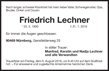 Traueranzeige von Friedrich Lechner von Gesamtausgabe Nürnberger Nachrichten/ Nürnberger Ztg.