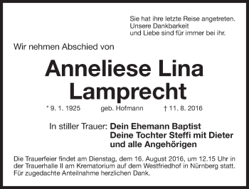 Traueranzeige von Anneliese Lamprecht von Gesamtausgabe Nürnberger Nachrichten/ Nürnberger Ztg.