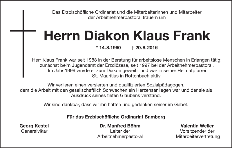  Traueranzeige für Klaus Frank vom 24.08.2016 aus Erlanger Nachrichten Lokal