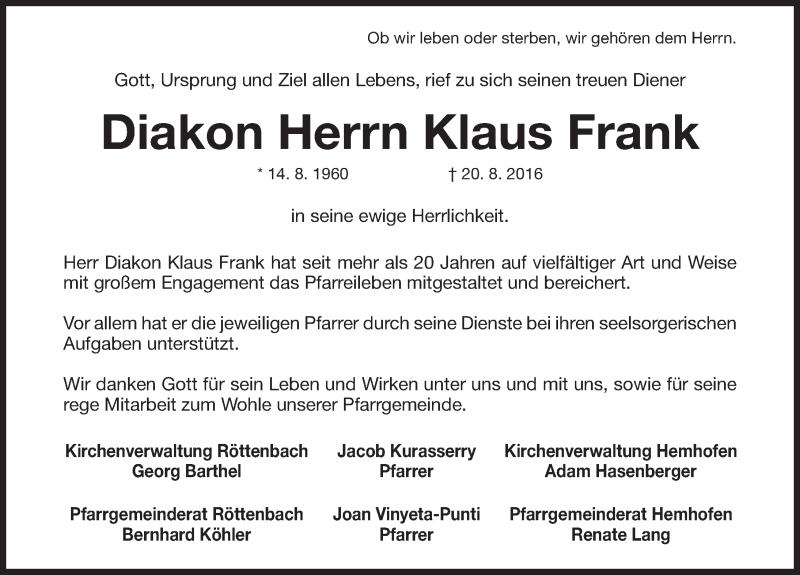  Traueranzeige für Klaus Frank vom 24.08.2016 aus Nordbayerische Nachrichten Herzogenaurach Lokal