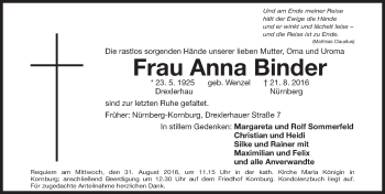 Traueranzeige von Anna Binder von Gesamtausgabe Nürnberger Nachrichten/ Nürnberger Ztg.