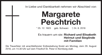 Traueranzeige von Margarete Peschtrich von Gesamtausgabe Nürnberger Nachrichten/ Nürnberger Ztg.