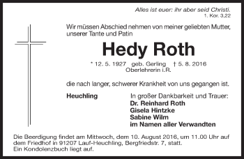 Traueranzeige von Hedy Roth von Gesamtausgabe Nürnberger Nachrichten/ Nürnberger Ztg.