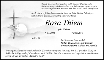 Traueranzeige von Rosa Thiem von Nordbayerische Nachrichten Forchheim Lokal