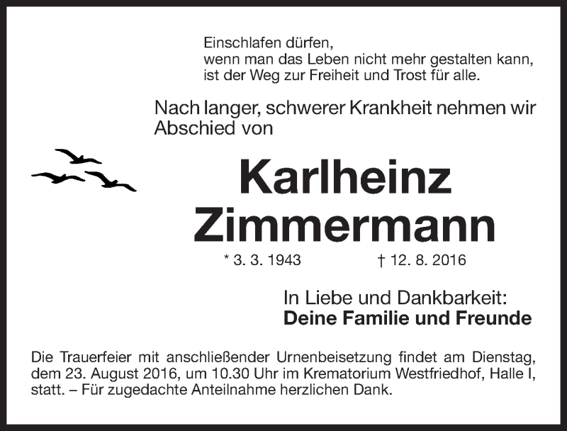  Traueranzeige für Karlheinz Zimmermann vom 20.08.2016 aus Gesamtausgabe Nürnberger Nachrichten/ Nürnberger Ztg.