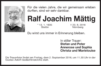 Traueranzeige von Ralf Joachim Mättig  von Gesamtausgabe Nürnberger Nachrichten/ Nürnberger Ztg.