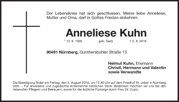 Traueranzeige von Anneliese Kuhn von Gesamtausgabe Nürnberger Nachrichten/ Nürnberger Ztg.
