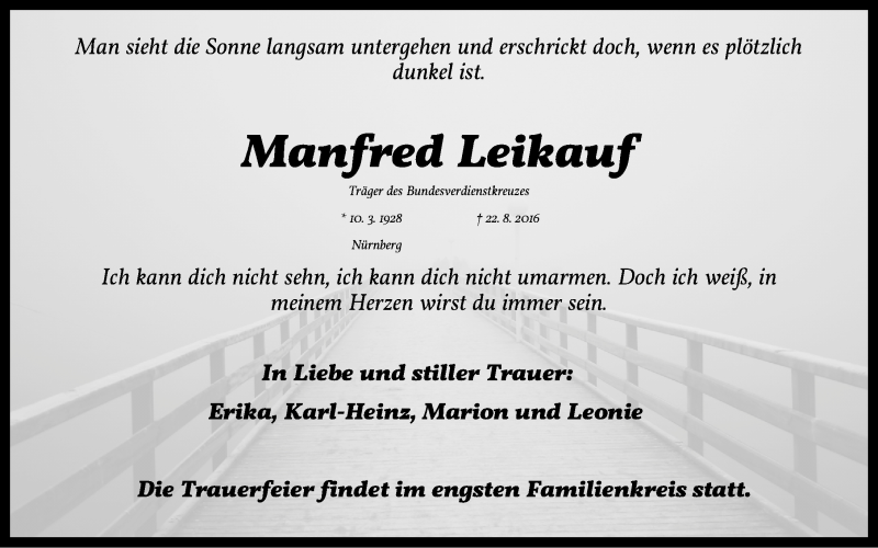  Traueranzeige für Manfred Leikauf vom 31.08.2016 aus Gesamtausgabe Nürnberger Nachrichten/ Nürnberger Ztg.