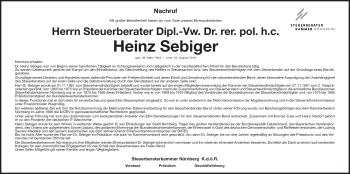 Traueranzeige von Heinz Sebiger von Gesamtausgabe Nürnberger Nachrichten/ Nürnberger Ztg.
