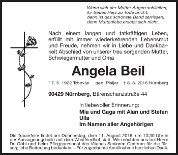Traueranzeige von Angela Beil von Gesamtausgabe Nürnberger Nachrichten/ Nürnberger Ztg.