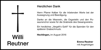 Traueranzeige von Willi Reutner von Altmühl-Bote Lokal