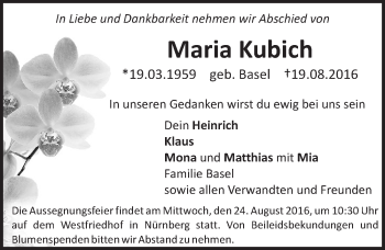 Traueranzeige von Maria Kubich von Gesamtausgabe Nürnberger Nachrichten/ Nürnberger Ztg.