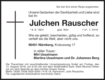 Traueranzeige von Julchen Rauscher von Gesamtausgabe Nürnberger Nachrichten/ Nürnberger Ztg.