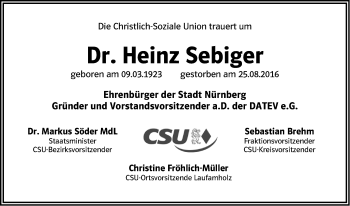 Traueranzeige von Heinz Sebiger von Gesamtausgabe Nürnberger Nachrichten/ Nürnberger Ztg.