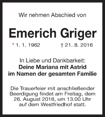 Traueranzeige von Emerich Griger von Gesamtausgabe Nürnberger Nachrichten/ Nürnberger Ztg.