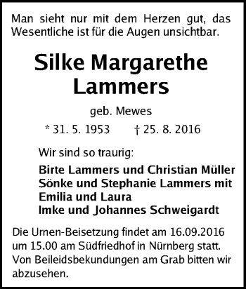 Traueranzeige von Silke Margarethe Lammers  von Gesamtausgabe Nürnberger Nachrichten/ Nürnberger Ztg.