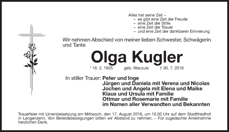  Traueranzeige für Olga Kugler vom 13.08.2016 aus Fürther Nachrichten Lokal