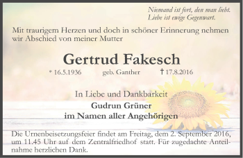 Traueranzeige von Gertrud Fakesch von Erlanger Nachrichten Lokal