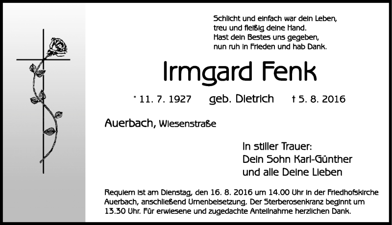  Traueranzeige für Irmgard Fenk vom 11.08.2016 aus Nordbayerische Nachrichten Pegnitz Lokal