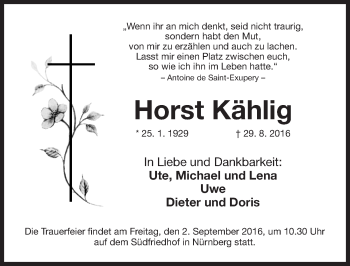 Traueranzeige von Horst Kählig von Gesamtausgabe Nürnberger Nachrichten/ Nürnberger Ztg.