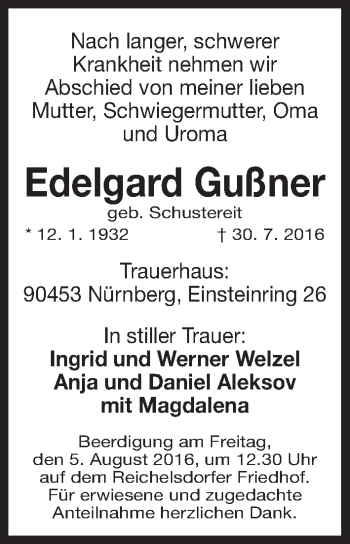 Traueranzeige von Edelgard Gußner von Gesamtausgabe Nürnberger Nachrichten/ Nürnberger Ztg.