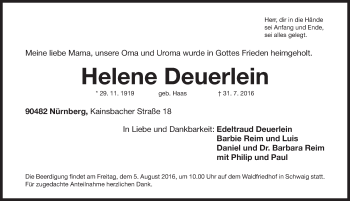 Traueranzeige von Helene Deuerlein von Gesamtausgabe Nürnberger Nachrichten/ Nürnberger Ztg.