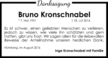 Traueranzeige von Bruno Kronschnabel von Gesamtausgabe Nürnberger Nachrichten/ Nürnberger Ztg.