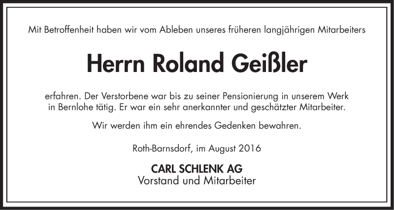  Traueranzeige für Roland Geißler vom 09.08.2016 aus Roth-Hilpoltsteiner Volkszeitung Lokal