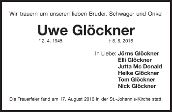 Traueranzeige von Uwe Glöckner von Gesamtausgabe Nürnberger Nachrichten/ Nürnberger Ztg.